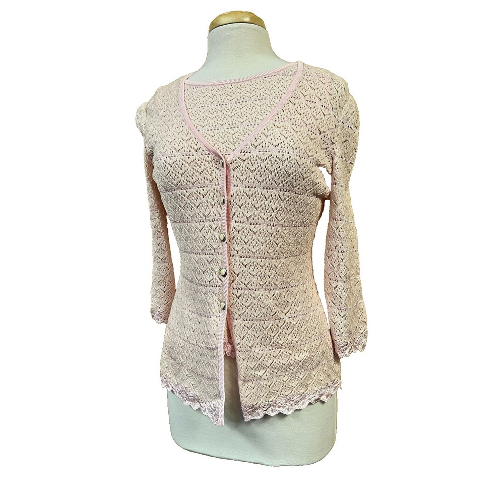 St. John Vintage Cardigan Tank Set Pink Lace Knit Scalloped Edges SZ S & P